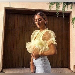 Zara Yellow Puff Sleeve Tull Voluminous Top Size Small
